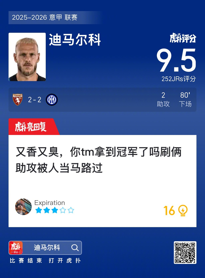 乐鱼体育-都灵2比2国米，迪马尔科获虎扑9.5分|国际米兰|费代里科·迪马尔科|意甲联赛|评分_新浪体育_新浪新闻